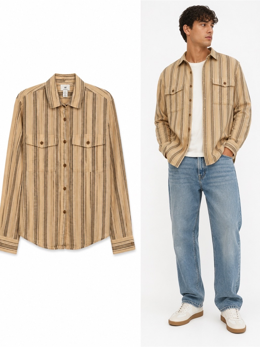 Men’s H&M Tan and Black Vertical Stripe Button-Down Shirt